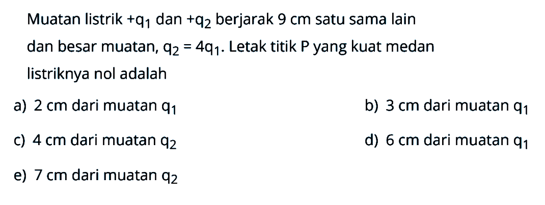 Muatan listrik +q1 dan +q2  berjarak 9 cm satu sama lain dan besar muatan, q2=4q1. Letak titik P yang kuat medan listriknya nol adalah