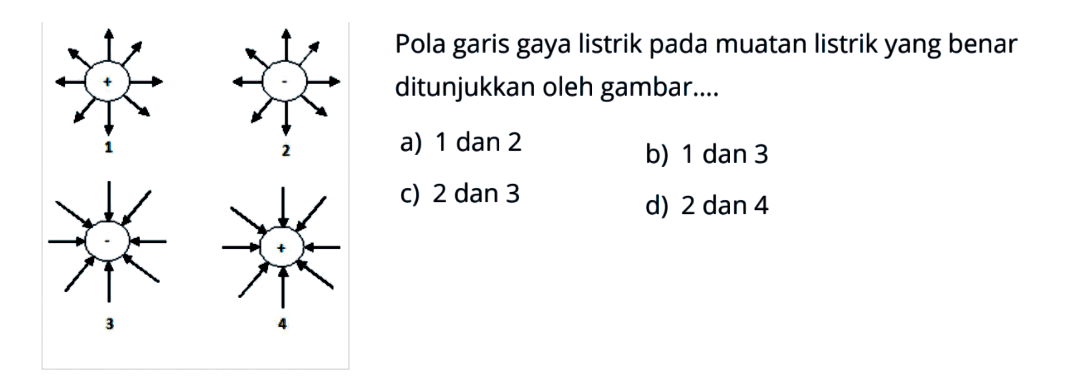 1 2 3 4 Pola garis gaya listrik pada muatan listrik yang benar ditunjukkan oleh gambar....a) 1 dan 2 b) 1 dan 3 c) 2 dan 3 d) 2 dan 4 