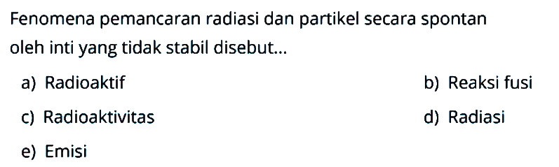 Fenomena pemancaran radiasi dan partikel secara spontan oleh inti yang tidak stabil disebut...