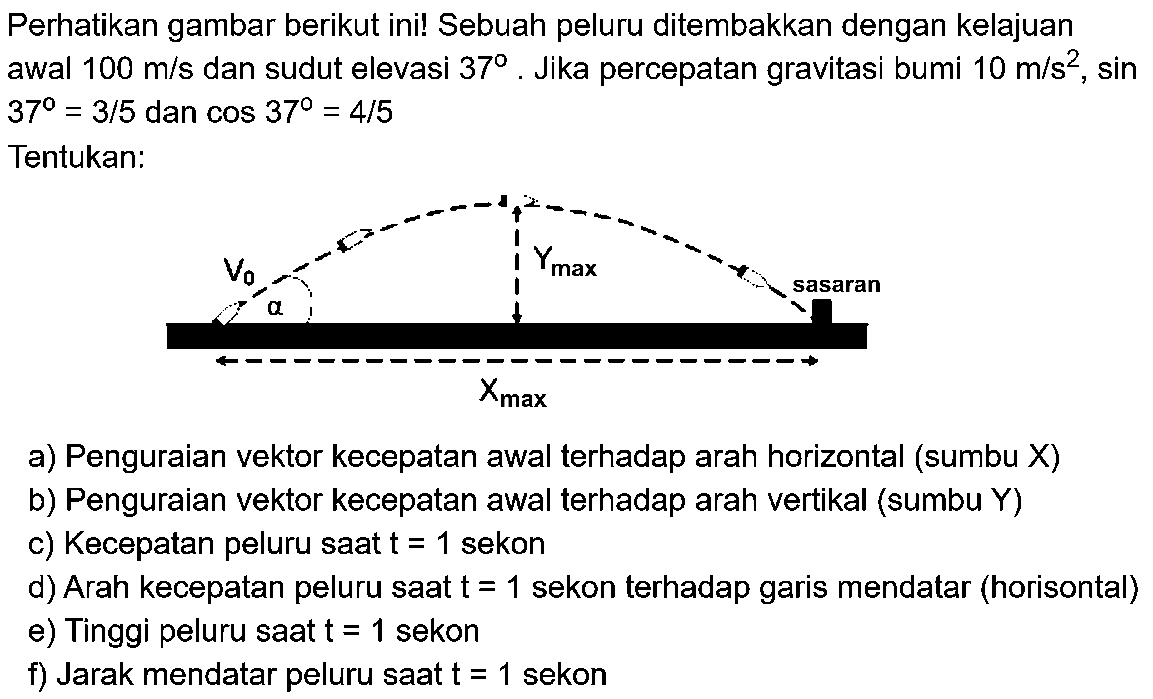 Perhatikan gambar berikut ini! Sebuah peluru ditembakkan dengan kelajuan awal  100 m/s  dan sudut elevasi  37. Jika percepatan gravitasi bumi  10 m/s^2, sin 37=3/5 dan cos 37=4/5 Tentukan: a) Penguraian vektor kecepatan awal terhadap arah horizontal (sumbu X) b) Penguraian vektor kecepatan awal terhadap arah vertikal (sumbu Y) c) Kecepatan peluru saat  t=1 sekon d) Arah kecepatan peluru saat  t=1 sekon terhadap garis mendatar (horisontal) e) Tinggi peluru saat  t=1 sekon f) Jarak mendatar peluru saat  t=1 sekon 