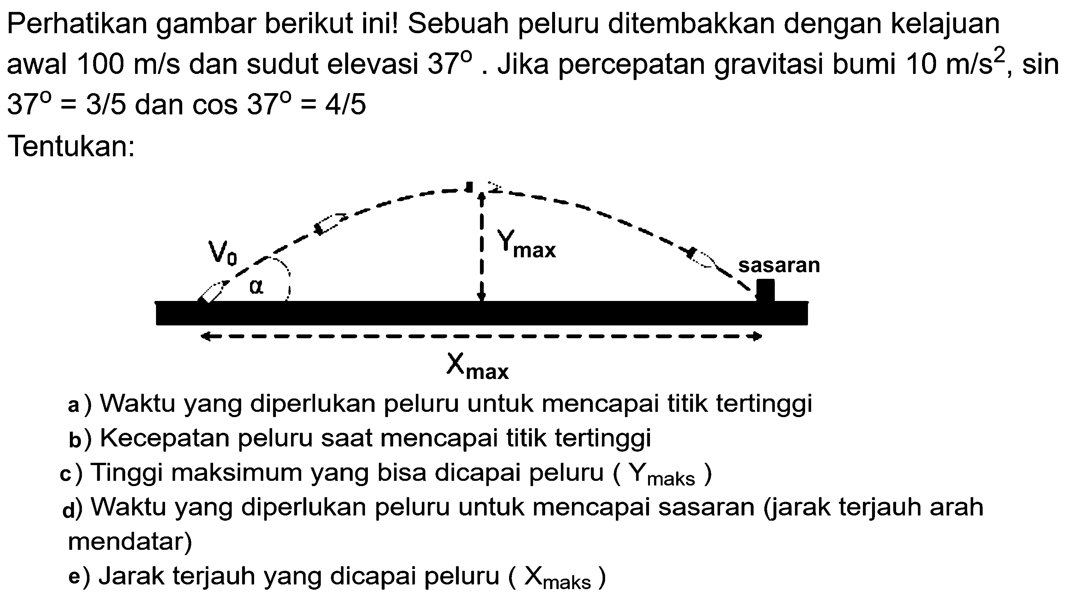 Perhatikan gambar berikut ini! Sebuah peluru ditembakkan dengan kelajuan awal  100 m/s  dan sudut elevasi  37. Jika percepatan gravitasi bumi  10 m/s^2, sin  37=3/5 dan cos 37=4/5 Tentukan: a) Waktu yang diperlukan peluru untuk mencapai titik tertinggi b) Kecepatan peluru saat mencapai titik tertinggi c) Tinggi maksimum yang bisa dicapai peluru (Y maks) d) Waktu yang diperlukan peluru untuk mencapai sasaran (jarak terjauh arah mendatar) e) Jarak terjauh yang dicapai peluru (X maks) 