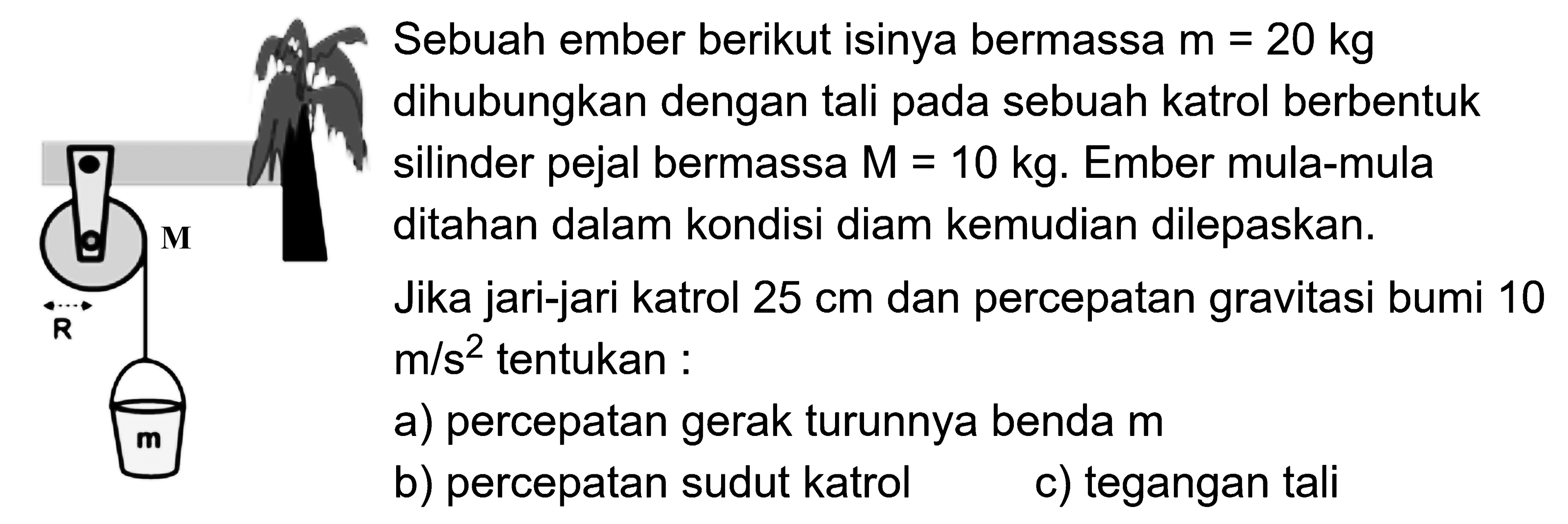 Sebuah ember berikut isinya bermassa m = 2 kg dihubungkan dengan tali pada sebuah katrol berbentuk silinder pejal bermassa M = 10 kg. Ember mula-mula ditahan dalam kondisi diam kemudian dilepaskan. Jika jari-jari katrol 25 cm dan percepatan gravitasi bumi 10 m/s^2 tentukan : a) percepatan gerak turunnya benda m b) percepatan sudut katrol c) tegangan tali M R m 