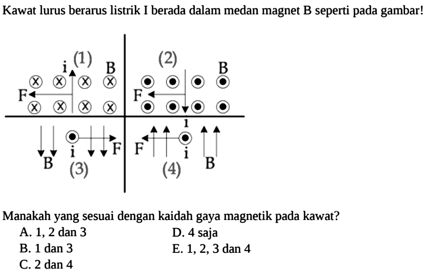 Kawat lurus berarus listrik I berada dalam medan magnet B seperti pada gambar!(1) i B F (2) F B (3) B i F (4) F i B Manakah yang sesuai dengan kaidah gaya magnetik pada kawat? A. 1, 2 dan 3 D. 4 saja B. 1 dan 3 E. 1, 2, 3 dan 4 C. 2 dan 4