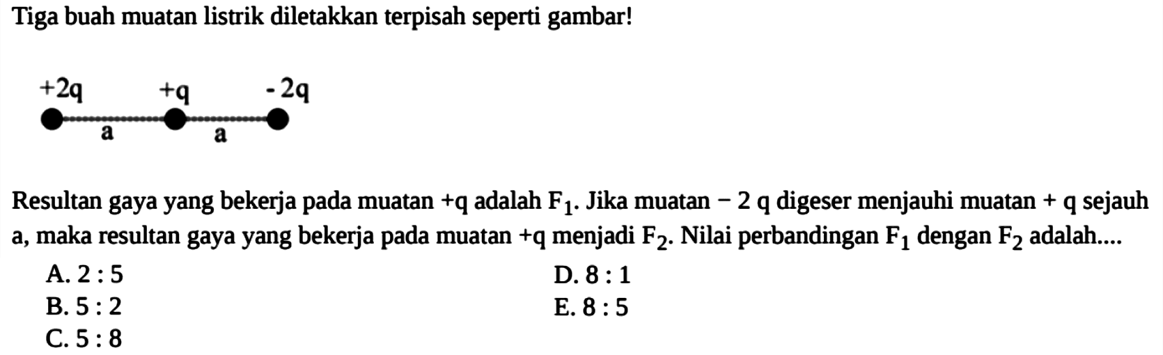 Tiga buah muatan listrik diletakkan terpisah seperti gambar! +2q +q -2qa a Resultan gaya yang bekerja pada muatan +q adalah F1. Jika muatan -2 q digeser menjauhi muatan +q sejauh a, maka resultan gaya yang bekerja pada muatan +q menjadi F2. Nilai perbandingan F1 dengan Fz adalah...