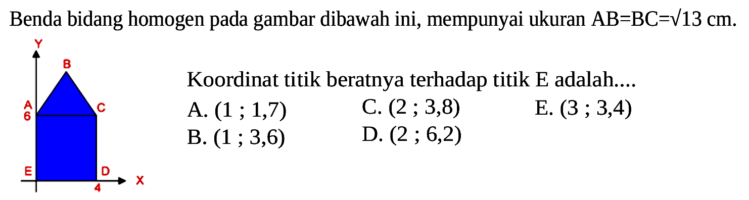 Benda bidang homogen pada gambar dibawah ini, mempunyai ukuran  AB=BC=akar(13) cm .Koordinat titik beratnya terhadap titik  E  adalah.... Y B A C 6 E D X 4A.  (1;1,7)  C.  (2;3,8)  E.  (3;3,4)  B.  (1;3,6)  D.  (2;6,2)  