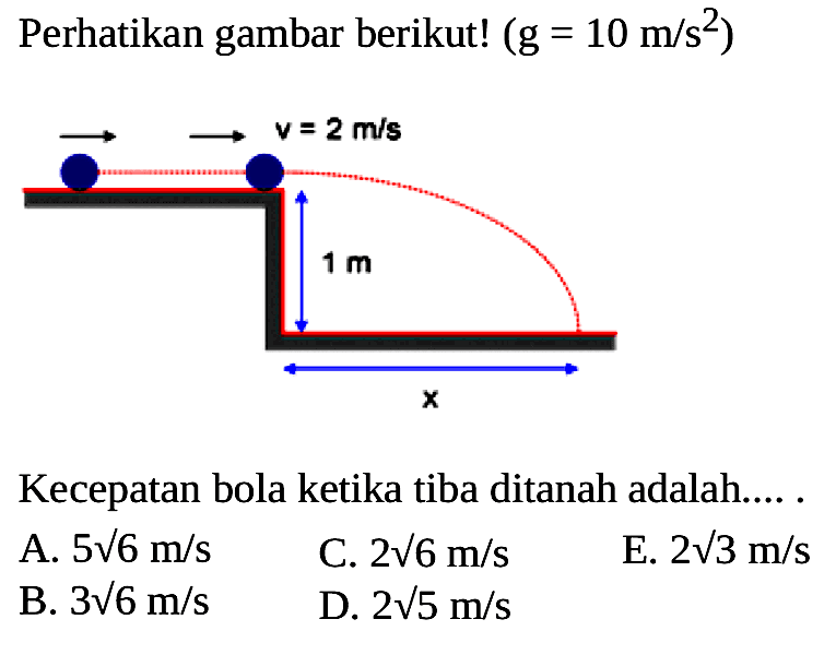 Perhatikan gambar berikut! (g = 10 m/s^2) v = 2 m/s 1 m x Kecepatan bola ketika tiba ditanah adalah A. 5 akar(6) m/s C. 2 akar(6) m/s E. 2 akar(3) m/s B. 3 akar(6) m/s D. 2 akar(5) m/s