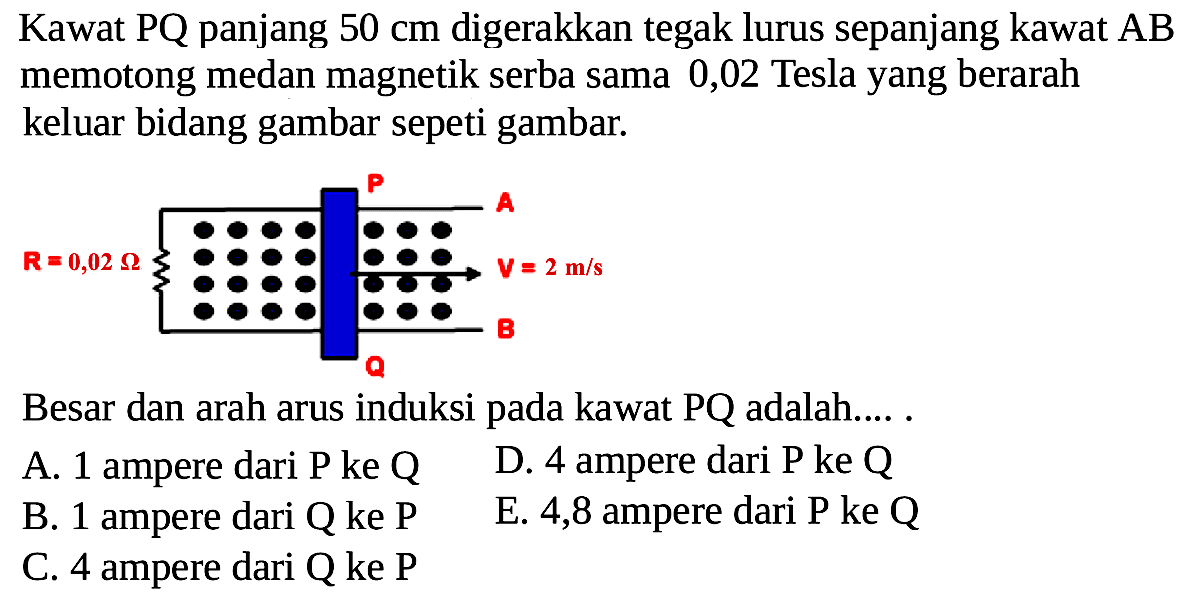 Kawat PQ panjang 50 cm digerakkan tegak lurus sepanjang kawat AB memotong medan magnetik serba sama 0,02 Tesla yang berarah keluar bidang gambar sepeti gambar.Besar dan arah arus induksi pada kawat PQ adalah.....