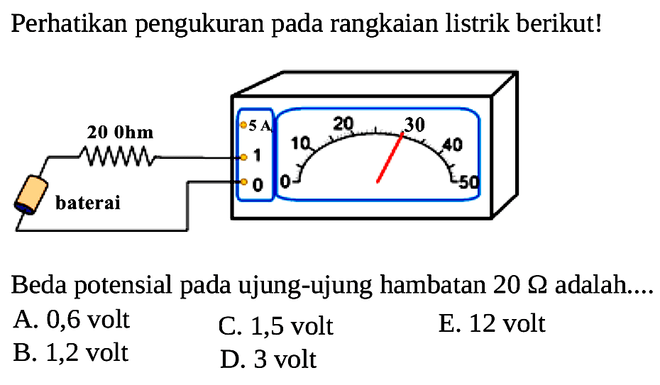 Perhatikan pengukuran pada rangkaian listrik berikut! 20 Ohm baterai Beda potensial pada ujung-ujung hambatan 20 Ohm adalah.... 