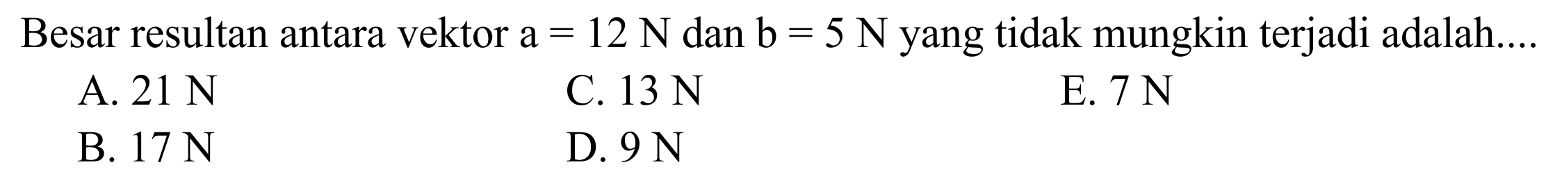 Besar resultan antara vektor a = 12 N dan b = 5 N yang tidak mungkin terjadi adalah....