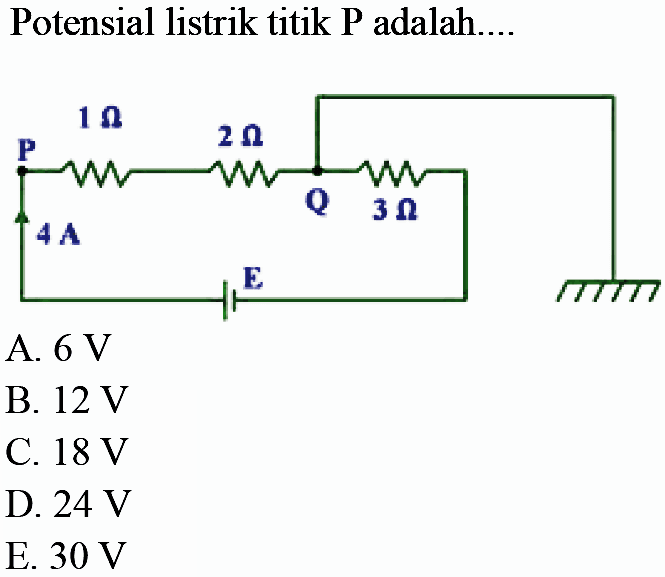 Potensial listrik titik P adalah....
P 4 A 1 ohm 2 ohm Q 3 ohm E
