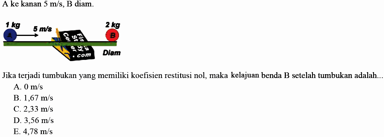 A ke kanan  5 m / s, B  diam.
Jika terjadi tumbukan yang memiliki koefisien restitusi nol, maka kelajuan benda B setelah tumbukan adalah...
A.  0 m / s 
B.  1,67 m / s 
C.  2,33 m / s 
D.  3,56 m / s 
E.  4,78 m / s 