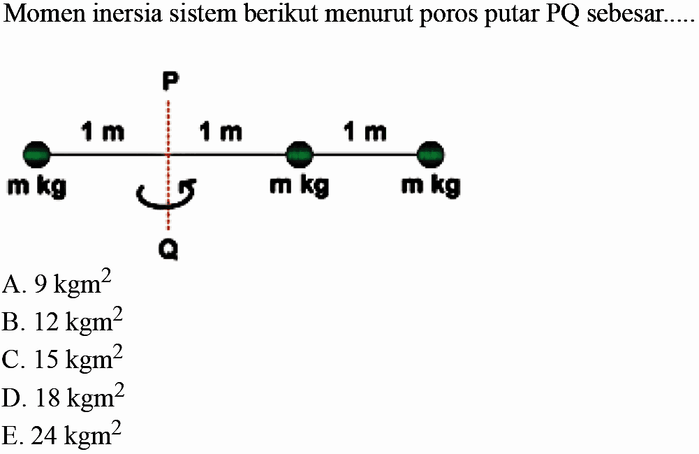 Momen inersia sistem berikut menurut poros putar PQ sebesar...P 1 m 1 m 1 m m kg m kg m kg Q