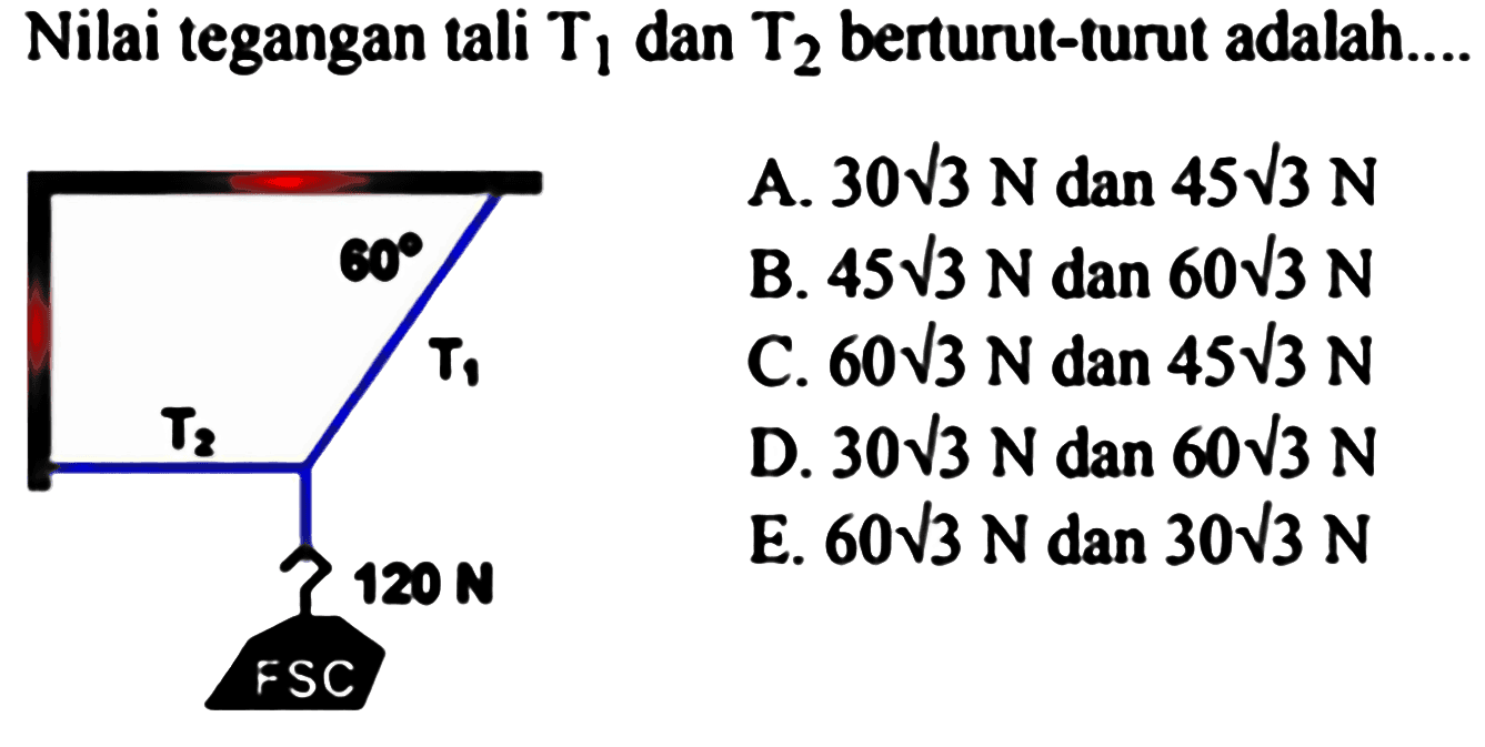 Nilai tegangan tali T1 dan T2 berturut-turut adalah. 