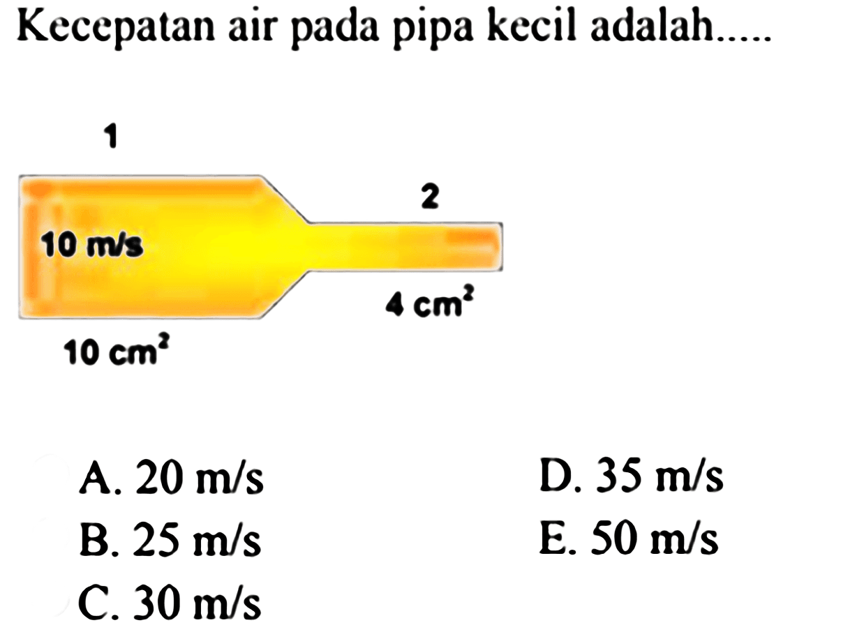 Kecepatan air pada pipa kecil adalah..... 10m/s 10cm^2 4 cm^2