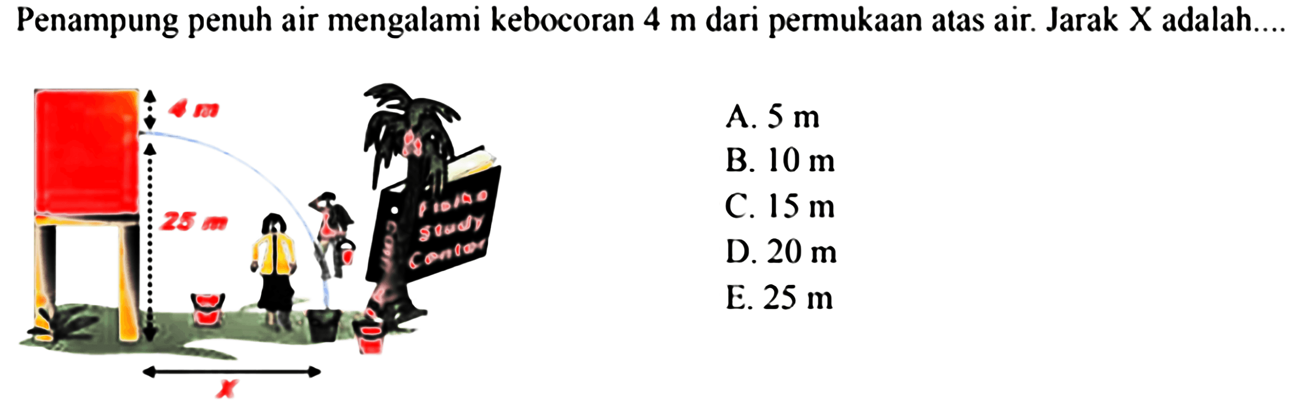 Penampung penuh air mengalami kebocoran  4 m  dari permukaan atas air. Jarak  X  adalah....4 m 25 m X A.  5 m B.  10 m C.  15 m D.  20 m E.  25 m 