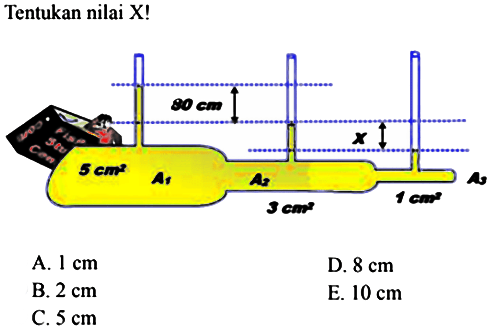 Tentukan nilai X!
5 cm^2 3 cm^2 1 cm^2  A1 A2 A3 90 cm X 
