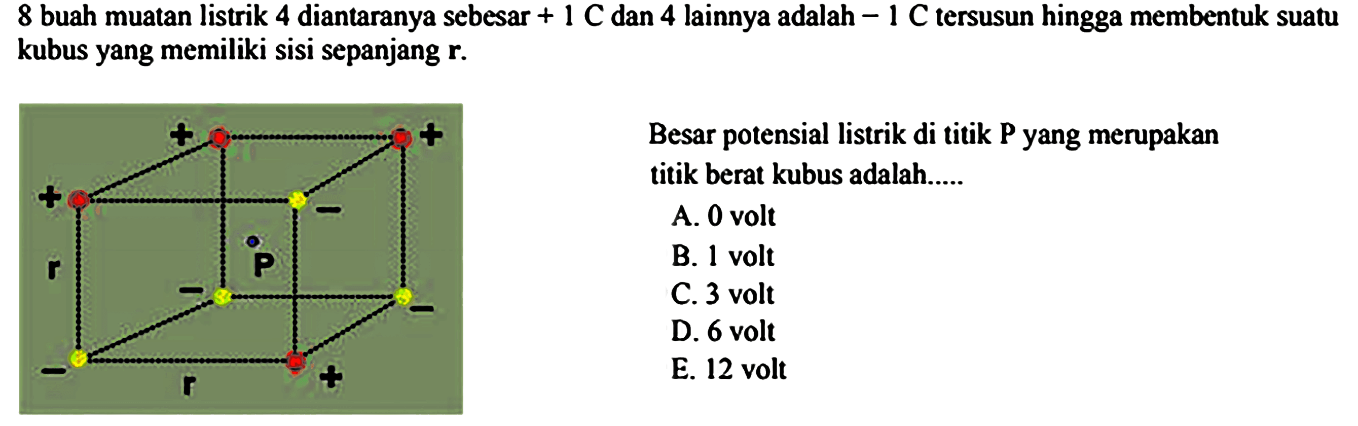 8 buah muatan listrik 4 diantaranya sebesar + 1 C dan 4 lainnya adalah - 1 C tersusun hingga membentuk suatu kubus yang memiliki sisi sepanjang r. Besar potensial listrik di titik P yang merupakan titik berat kubus adalah ...