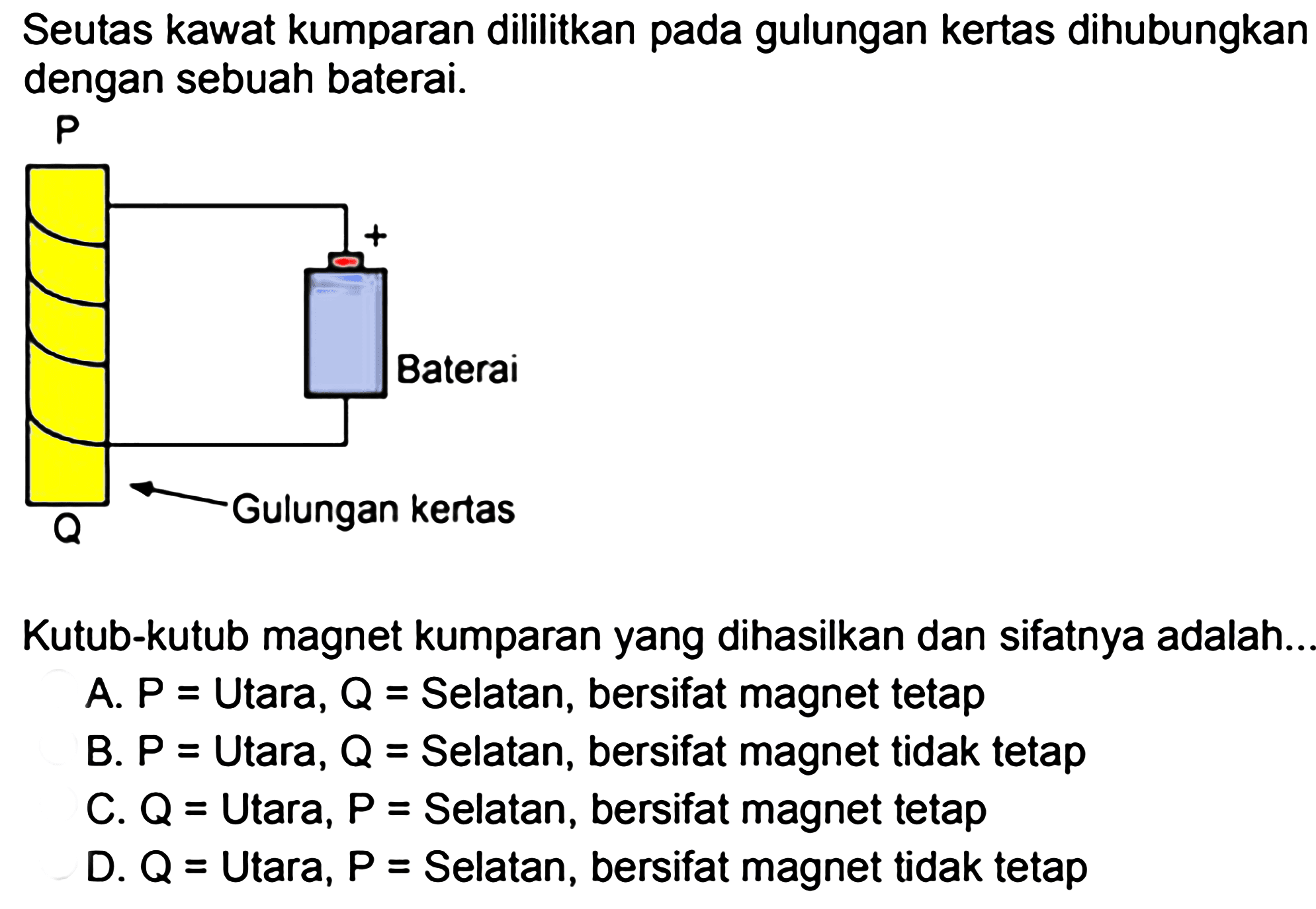 Seutas kawat kumparan dililitkan pada gulungan kertas dihubungkan dengan sebuah baterai.

Kutub-kutub magnet kumparan yang dihasilkan dan sifatnya adalah..
A.  P=  Utara,  Q=  Selatan, bersifat magnet tetap
B.  P=  Utara,  Q=  Selatan, bersifat magnet tidak tetap
C.  Q=  Utara,  P=  Selatan, bersifat magnet tetap
D.  Q=  Utara,  P=  Selatan, bersifat magnet tidak tetap