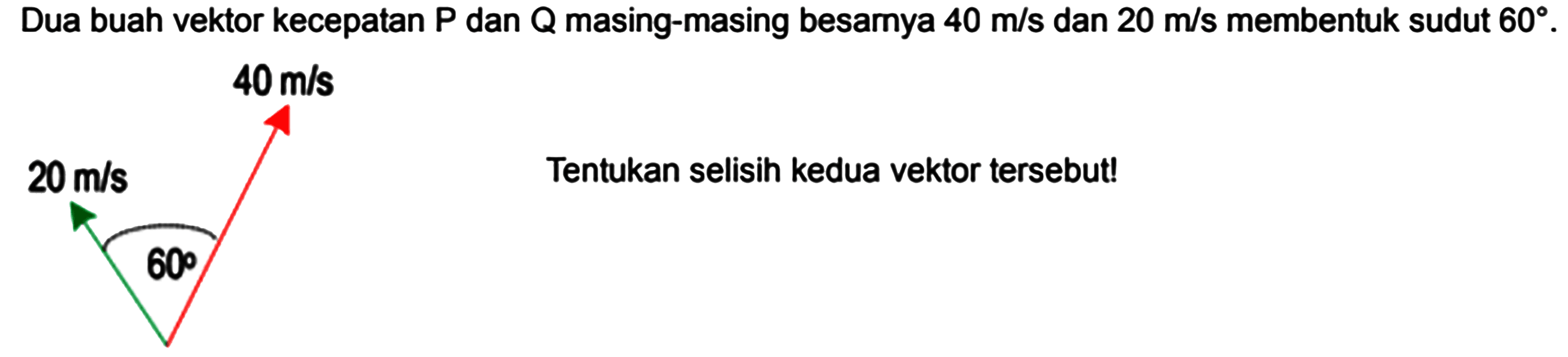 Dua buah vektor kecepatan kg dan Q masing-masing besarnya 40m/s dan 20m/s membentuk sudut 60.Tentukan selisih kedua vektor tersebut!