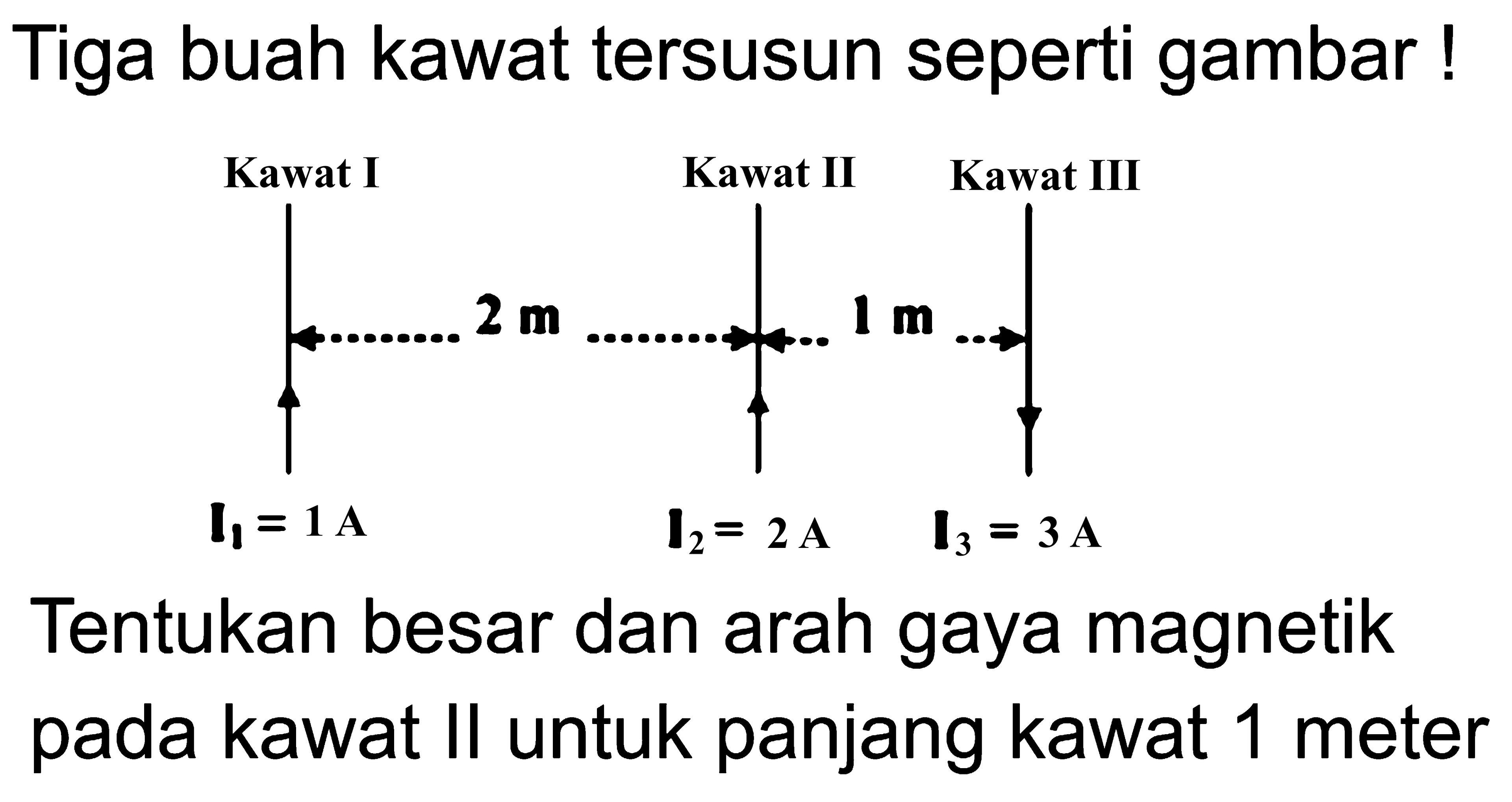 Tiga buah kawat tersusun seperti gambar!Kawat 1 I1= 1A 2 m Kawat II I2= 2A 1 m Kawat III I3= 3ATentukan besar dan arah gaya magnetik pada kawat II untuk panjang kawat 1 meter