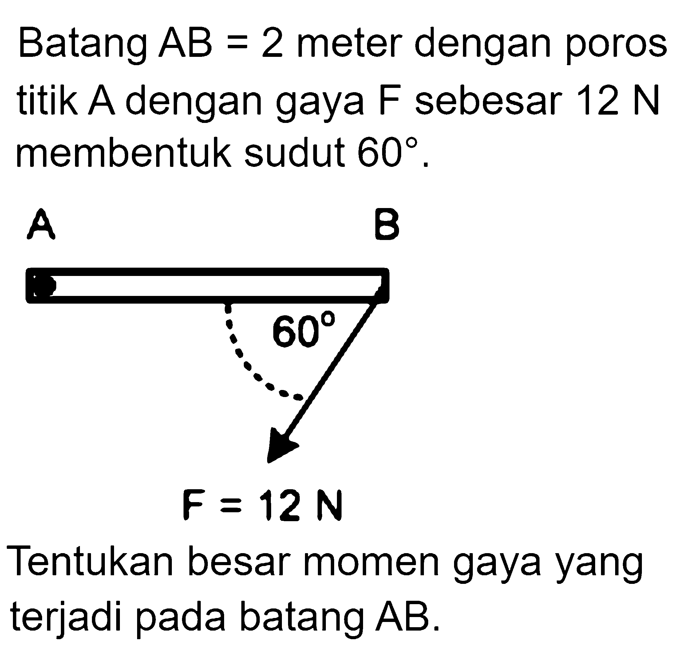 Batang AB=2 meter dengan poros titik A dengan gaya F sebesar 12 N membentuk sudut 60. Tentukan besar momen gaya yang terjadi pada batang AB. 