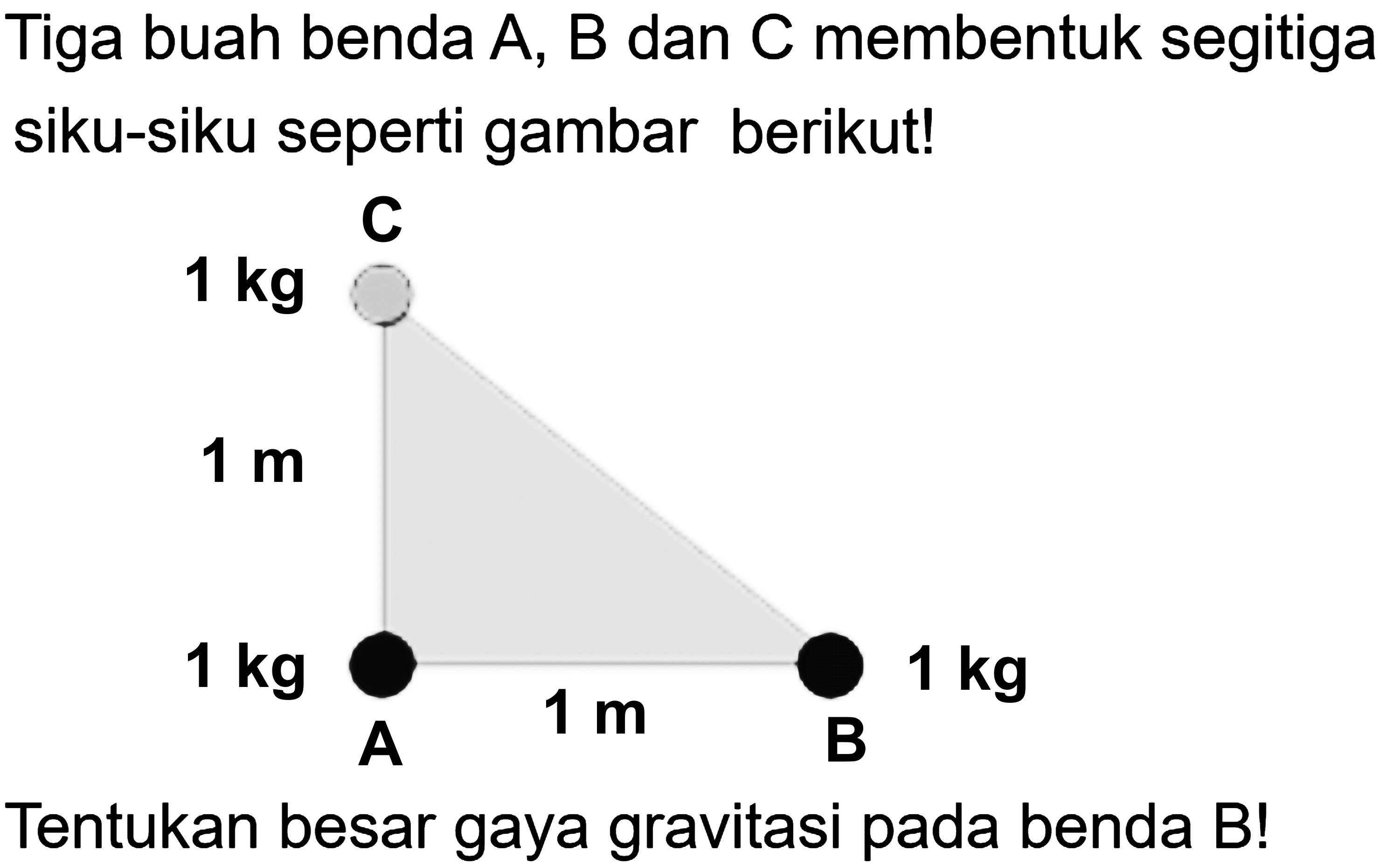 Tiga buah benda A, B dan C membentuk segitiga siku-siku seperti gambar berikut! C 1 kg 1 m 1 kg 1 kg 1 m A B Tentukan besar gaya gravitasi pada benda B!