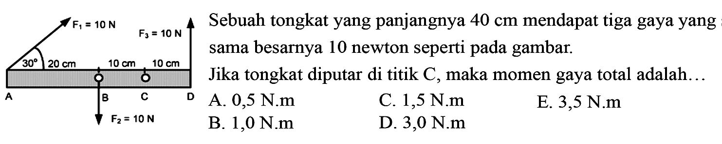 Sebuah tongkat yang panjangnya 40 cm mendapat tiga gaya yang sama besarnya 10 newton seperti pada gambar. Jika tongkat diputar di titik C, maka momen gaya total adalah... 