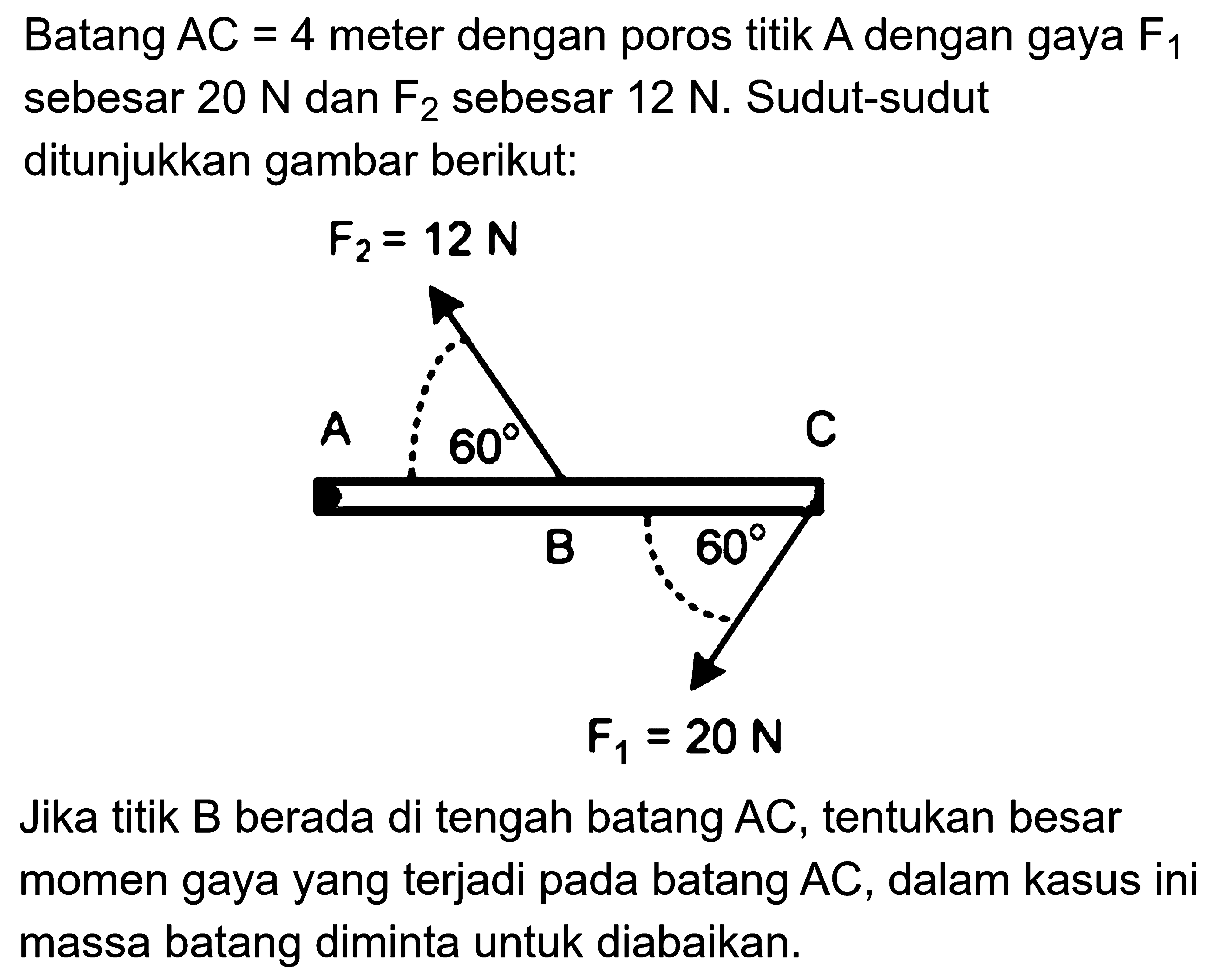 Batang AC = 4 meter dengan poros titik A dengan poros titik A dengan F1 sebesar 20 N dan F2 sebesar 12 N. Sudut-sudut ditunjukkan gambar berikut: F2 = 12 N A 60 C B 60 F1 = 20 N Jika titik B berada di tengah batang AC. tentukan besar momen gaya yang terjadi pada batang AC, dalam kasus ini massa batang diminta untuk diabaikan. 