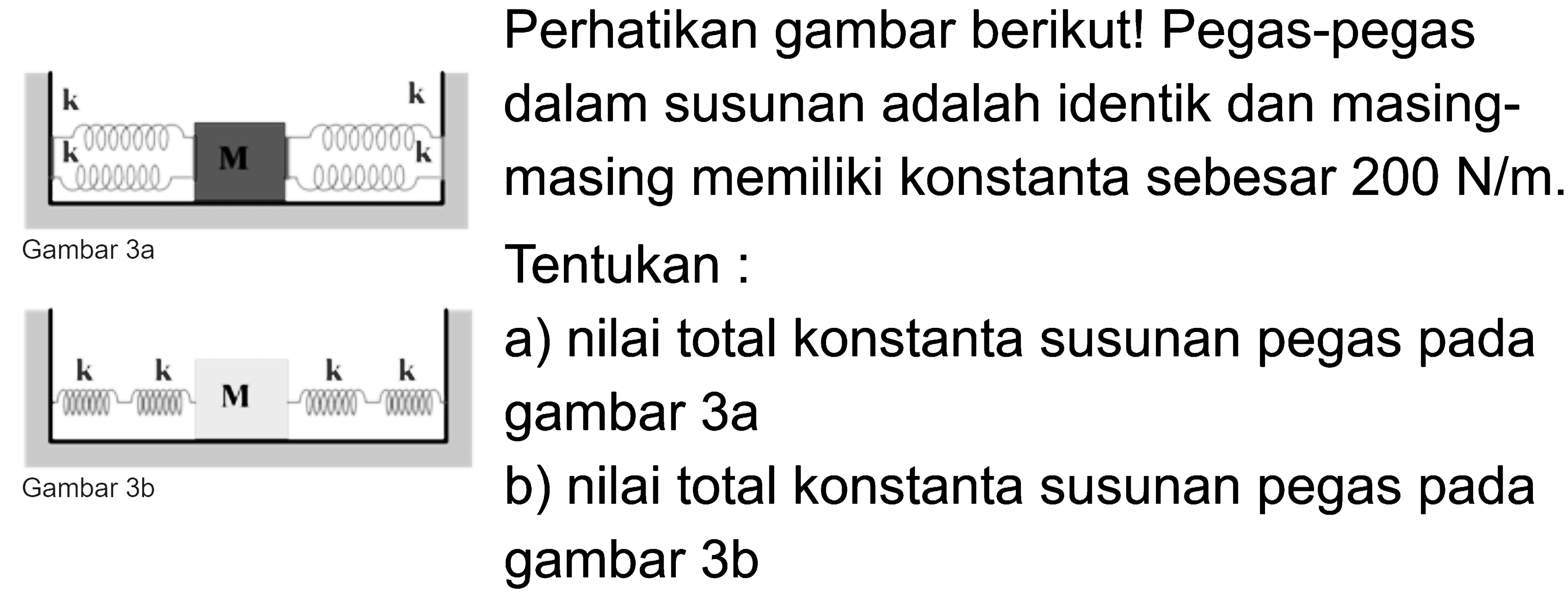 Perhatikan gambar berikut! Pegas-pegas dalam susunan adalah identik dan masing- masing memiliki konstanta sebesar 200 N/m. Tentukan : a) nilai total konstanta susunan pegas pada gambar 3a b) nilai total konstanta susunan pegas pada gambar 3b 