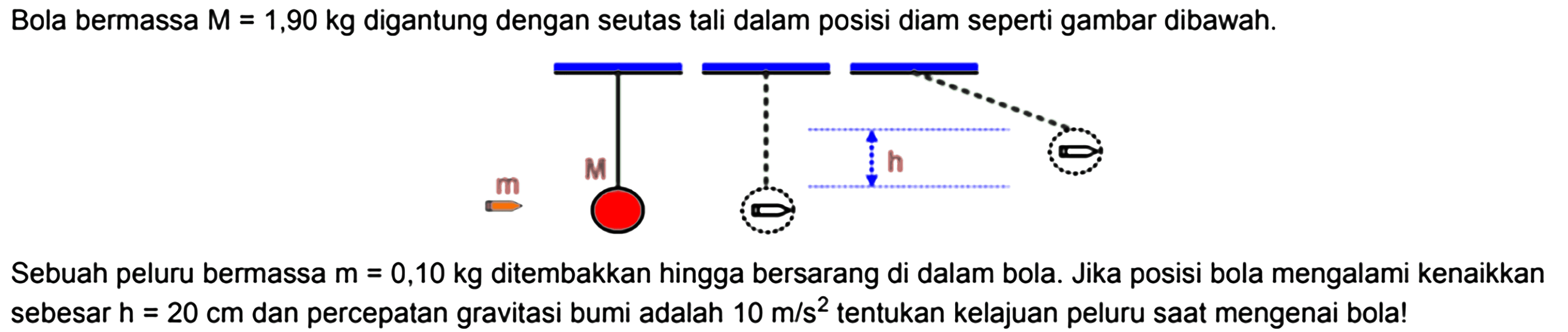 Bola bermassa  M=1,90 kg  digantung dengan seutas tali dalam posisi diam seperti gambar dibawah.
Sebuah peluru bermassa  m=0,10 kg  ditembakkan hingga bersarang di dalam bola. Jika posisi bola mengalami kenaikkan sebesar  h=20 cm  dan percepatan gravitasi bumi adalah  10 m / s^(2)  tentukan kelajuan peluru saat mengenai bola!