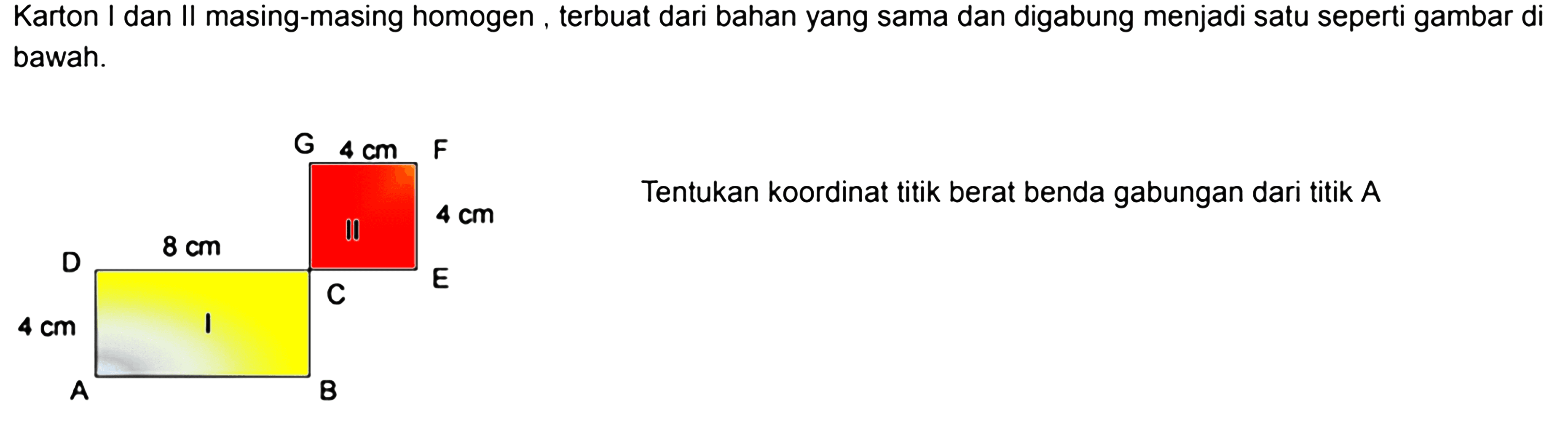 Karton I dan II masing-masing homogen, terbuat dari bahan yang sama dan digabung menjadi satu seperti gambar di bawah.Tentukan koordinat titik berat benda gabungan dari titik A