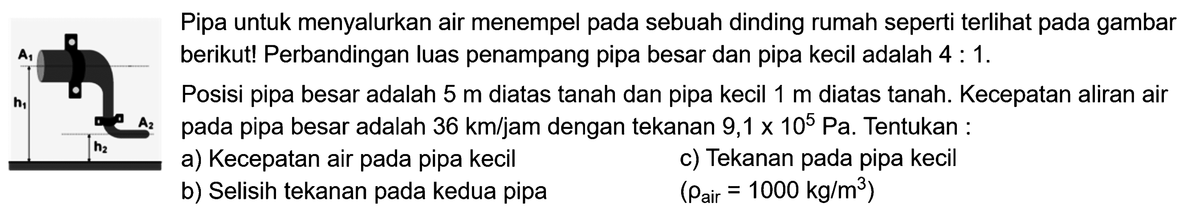 Pipa untuk menyalurkan air menempel pada sebuah dinding rumah seperti terlihat pada gambar berikut! Perbandingan luas penampang pipa besar dan pipa kecil adalah  4:1. Posisi pipa besar adalah  5 m  diatas tanah dan pipa kecil  1 m  diatas tanah. Kecepatan aliran air pada pipa besar adalah  36 km/jam  dengan tekanan  9,1 x 10^5 Pa . Tentukan:a) Kecepatan air pada pipa kecilc) Tekanan pada pipa kecilb) Selisih tekanan pada kedua pipa (rho air =1000 kg/(m^3))  