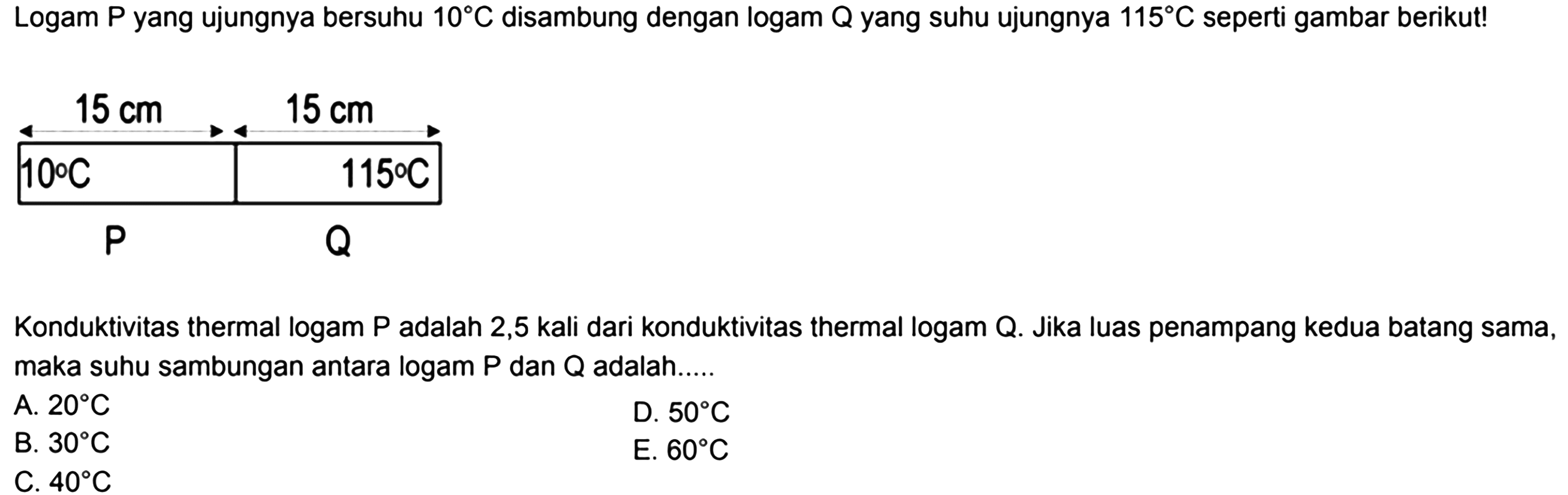 Logam  kg  yang ujungnya bersuhu  10 C  disambung dengan logam  Q  yang suhu ujungnya  115 C  seperti gambar berikut!Konduktivitas thermal logam P adalah 2,5 kali dari konduktivitas thermal logam Q. Jika luas penampang kedua batang sama, maka suhu sambungan antara logam  kg  dan  Q  adalah.....