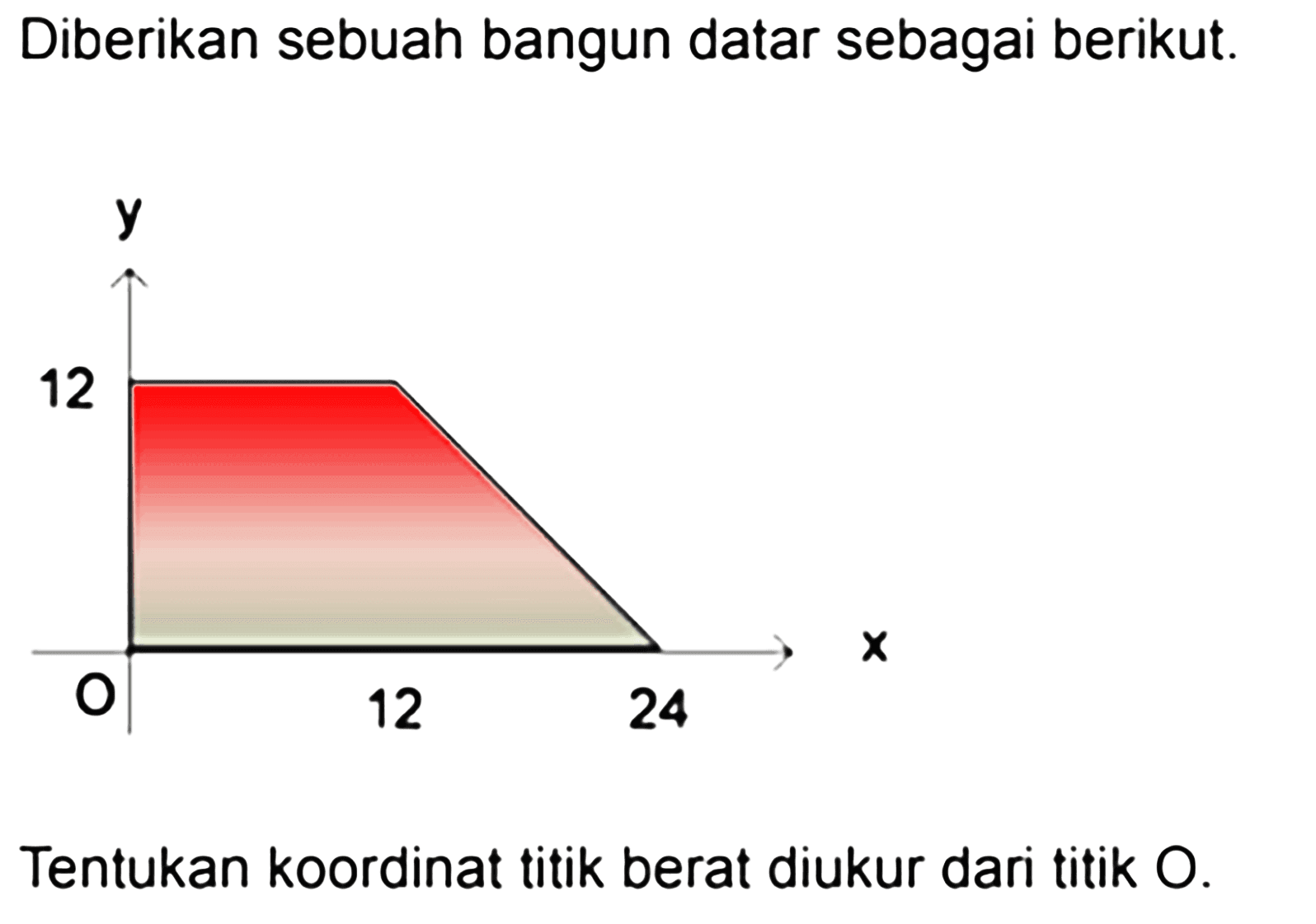 Diberikan sebuah bangun datar sebagai berikut. y 12 O 12 24 x Tentukan koordinat titik berat diukur dari titik O. 