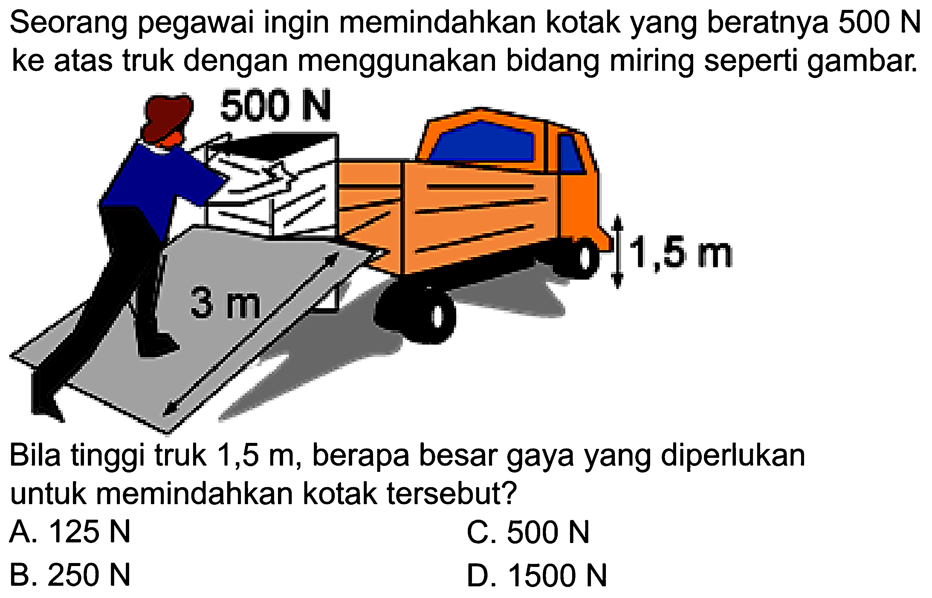 Seorang pegawai ingin memindahkan kotak yang beratnya 500 N ke atas truk dengan menggunakan bidang miring seperti gambar. 500 N 3 m 1,5 m Bila tinggi truk 1,5 m, berapa besar gaya yang diperlukan untuk memindahkan kotak tersebut? 