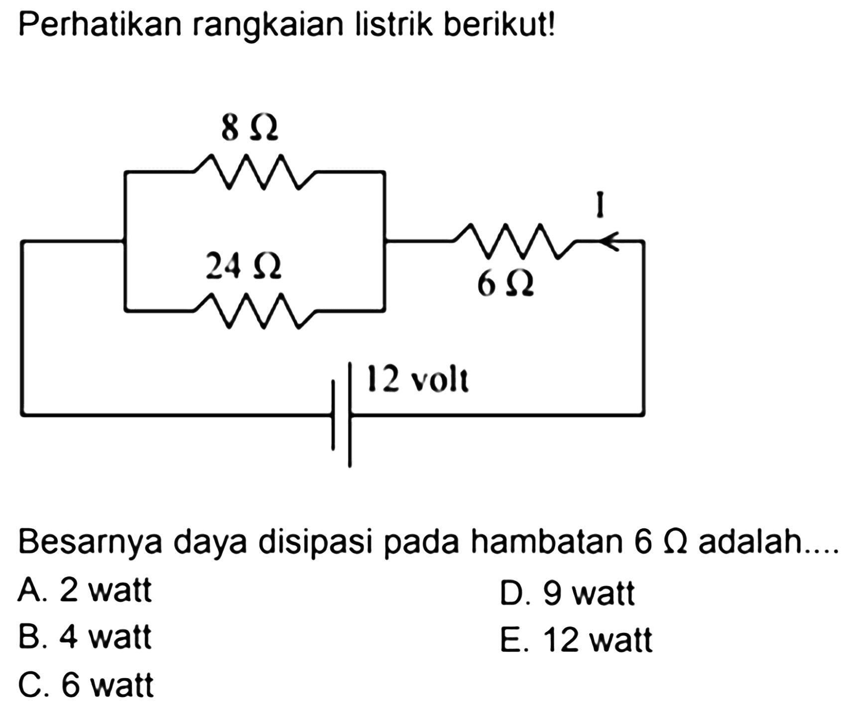 Perhatikan rangkaian listrik berikut! 8 Ohm I 24 Ohm 6 Ohm 12 volt Besarnya daya disipasi pada hambatan 6 Ohm adalah.... 