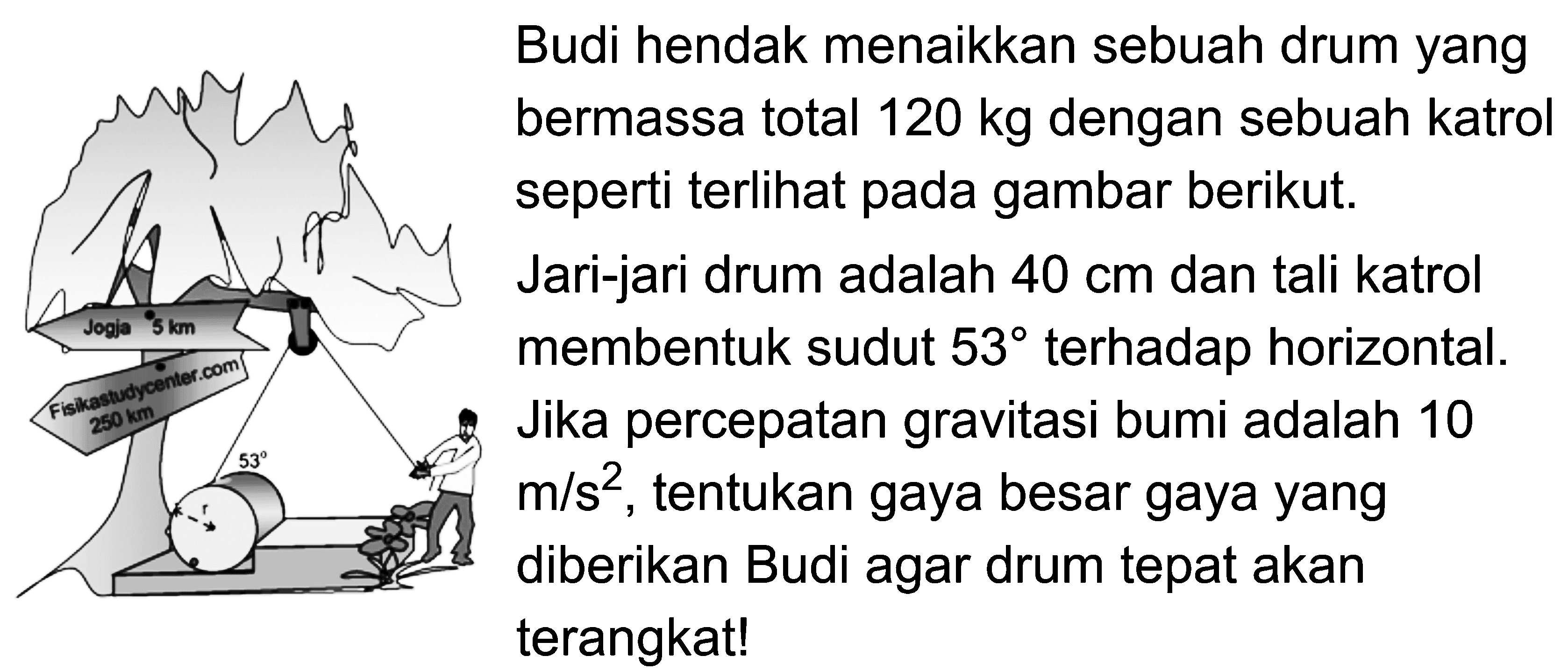 Budi hendak menaikkan sebuah drum yang bermassa total 120 kg dengan sebuah katrol seperti terlihat pada gambar berikut.
Jogja 5 km Fisikastudycenter.com 250 km 53 r

Jari-jari drum adalah 40 cm dan tali katrol membentuk sudut 53 terhadap horizontal. Jika percepatan gravitasi bumi adalah 10 m/s^2, tentukan gaya besar gaya yang diberika Budi agar drum tepat akan terangkat!