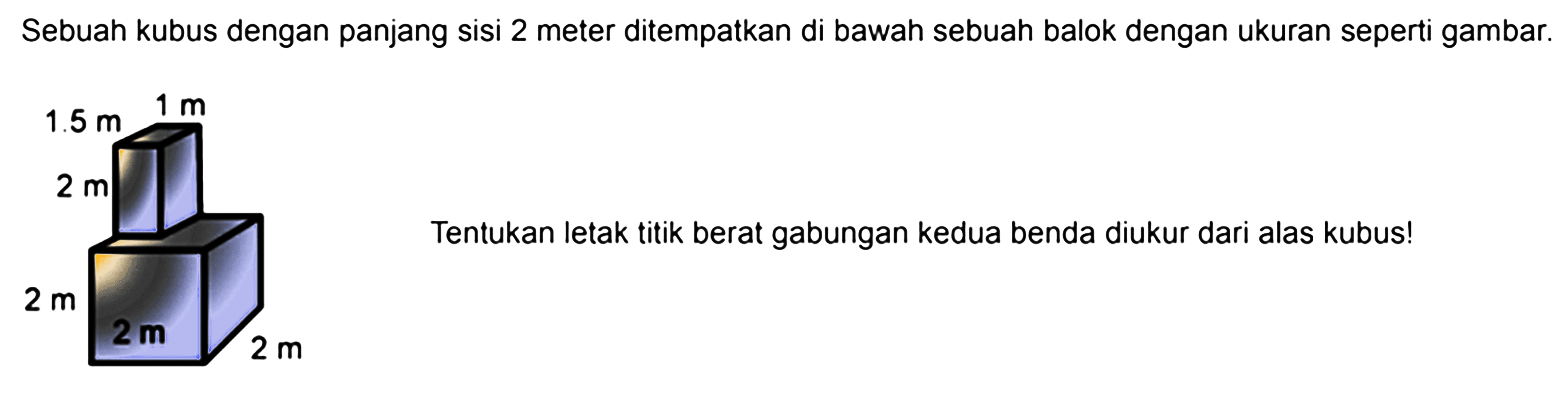 Sebuah kubus dengan panjang sisi 2 meter ditempatkan di bawah sebuah balok dengan ukuran seperti gambar.
1 m 1.5 m 2 m 2 m 2 m 2 m
Tentukan letak titik berat gabungan kedua benda diukur dari alas kubus!