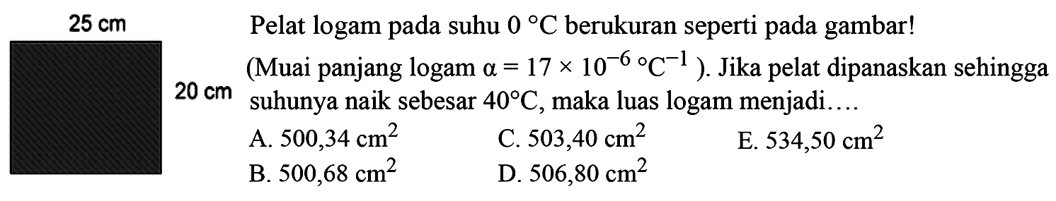  25 cm  20 cm Pelat logam pada suhu 0 C berukuran seperti pada gambar!suhunya naik sebesar 40 C, maka luas logam menjadi...