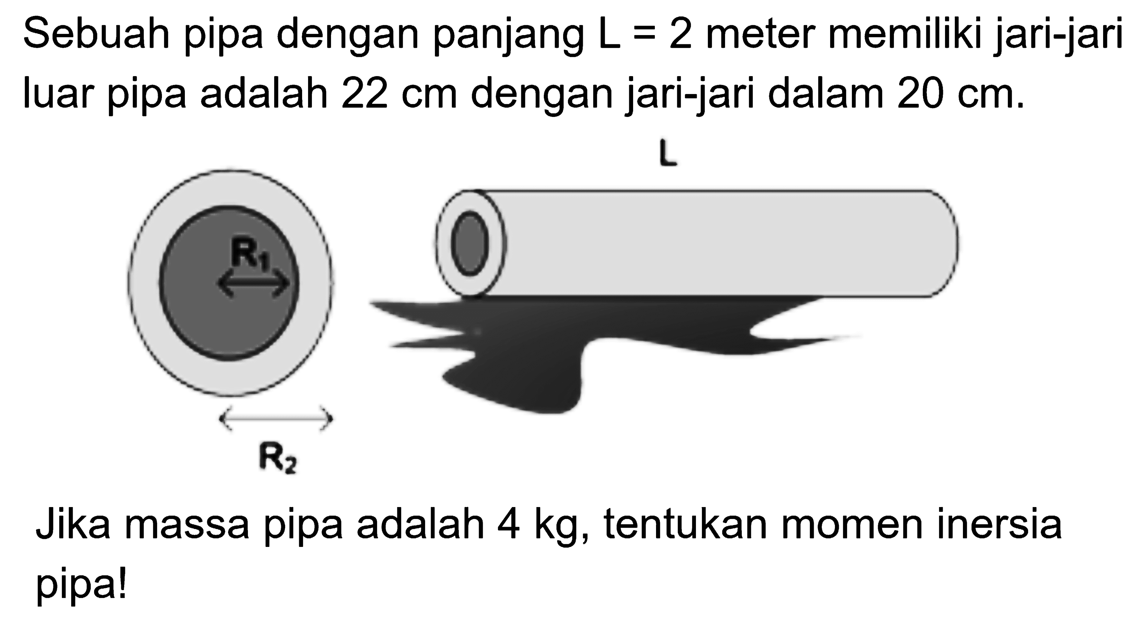 Sebuah pipa dengan panjang L = 2 meter memiliki jari-jari luar pipa adalah 22 cm dengan jari-jari dalam 20 cm. L R1 R2 Jika massa pipa adalah 4 kg, tentukan momen inersia pipa! 