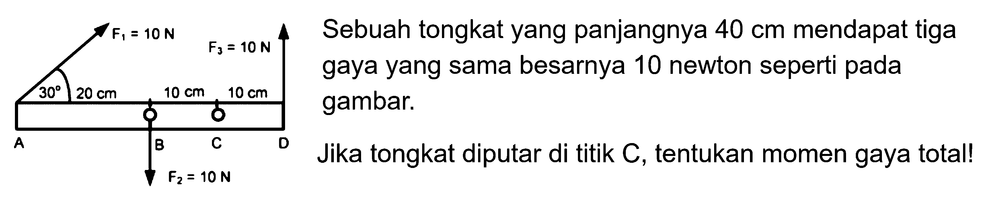 F1=10 N F2=10 N 30 20 cm 10 cm 10 cm A B C D F2=10 NSebuah tongkat yang panjangnya 40 cm mendapat tiga gaya yang sama besarnya 10 newton seperti pada gambar. Jika tongkat diputar di titik C, tentukan momen gaya total!