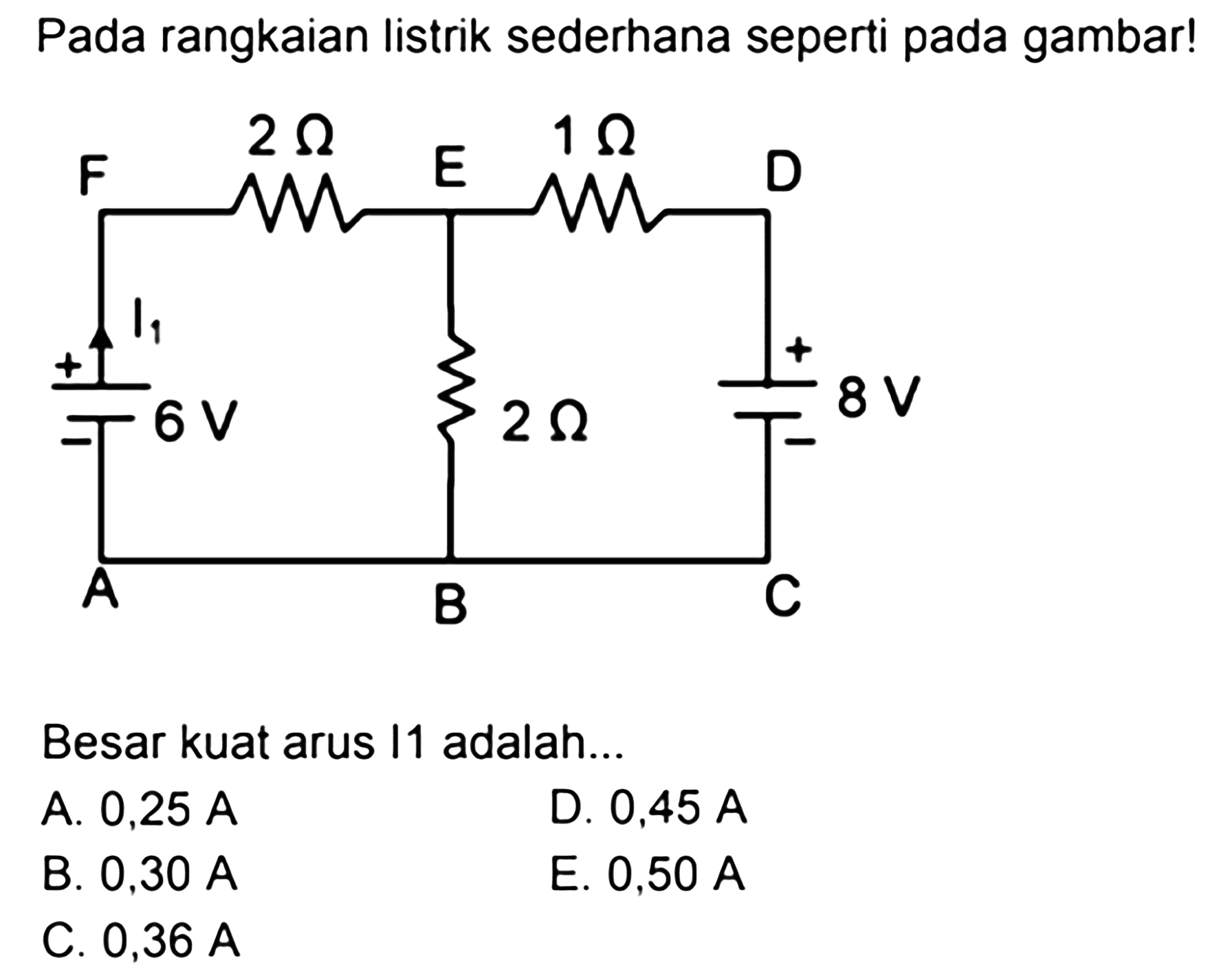 Pada rangkaian listrik sederhana seperti pada gambar!Besar kuat arus 11 adalah...