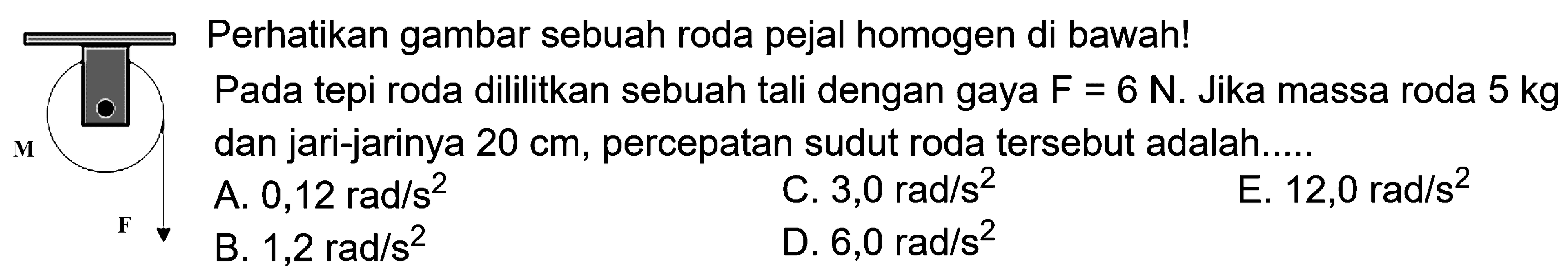 Perhatikan gambar sebuah roda pejal homogen di bawah! Pada tepi roda dililitkan sebuah tali dengan gaya F = 6 N. Jika massa roda 5 kg dan jari-jarinya 20 cm, percepatan sudut roda tersebut adalah..... 