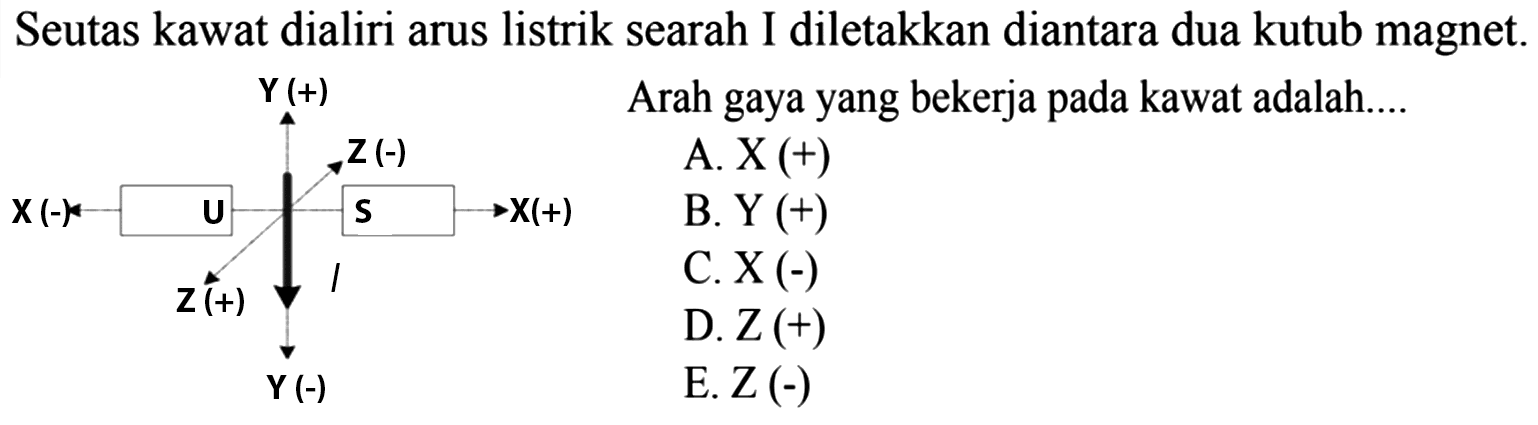 Seutas kawat dialiri arus listrik searah I diletakkan diantara dua kutub magnet. Arah gaya yang bekerja pada kawat adalah .... 
Y (+) X (-) U Z (-) S X (+) Z (+) I Y (-)