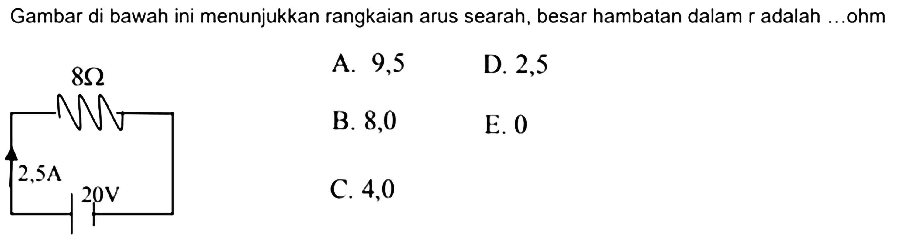 Gambar di bawah ini menunjukkan rangkaian arus searah, besar hambatan dalam r adalah .. ohm 8 Ohm 2,5 A 20 V