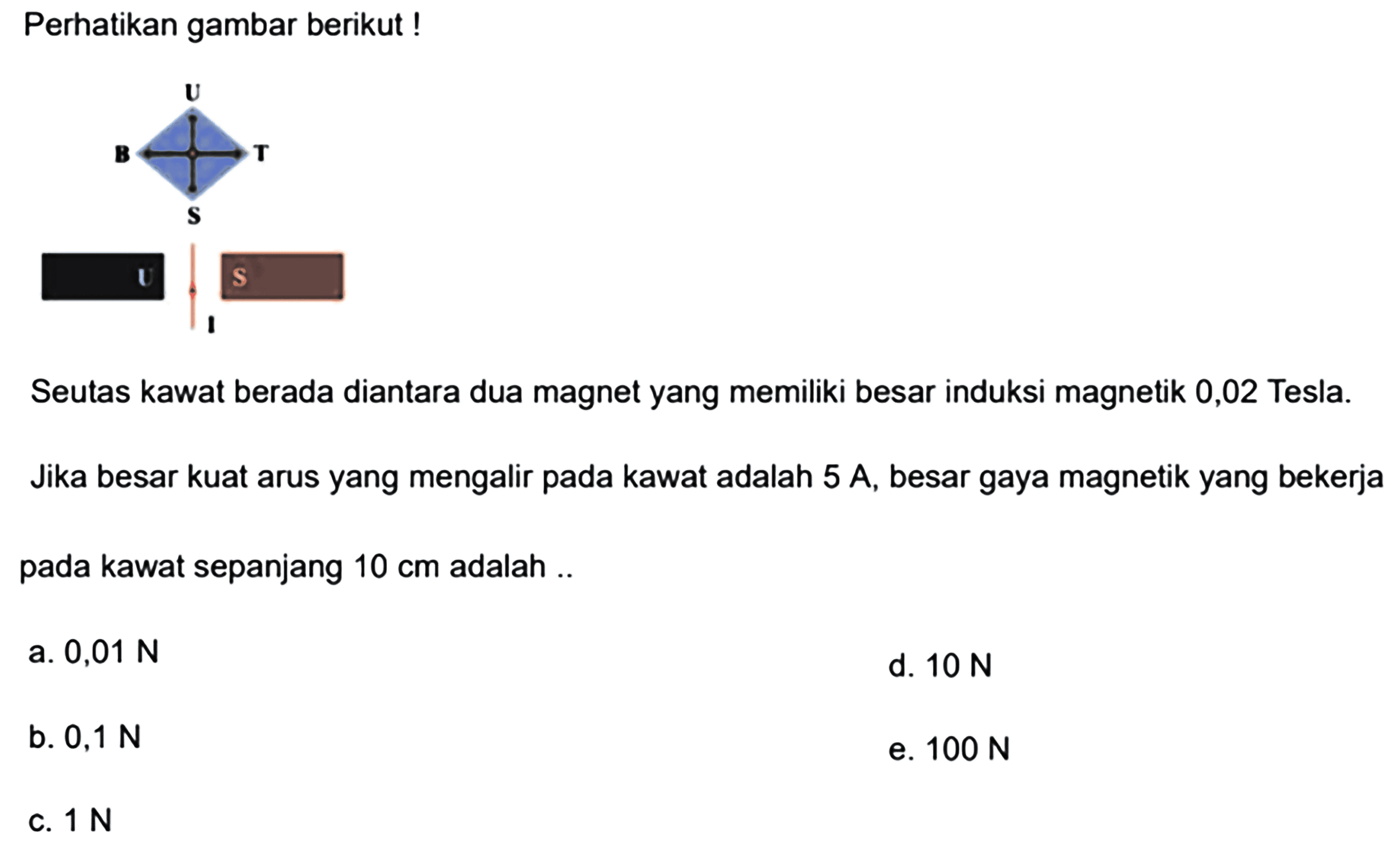 Perhatikan gambar berikut! Seutas kawat berada diantara dua magnet yang memiliki besar induksi magnetik 0,02 Tesla. Jika besar kuat arus yang mengalir pada kawat adalah 5 A, besar gaya magnetik yang bekerja pada kawat sepanjang 10 cm adalah ..