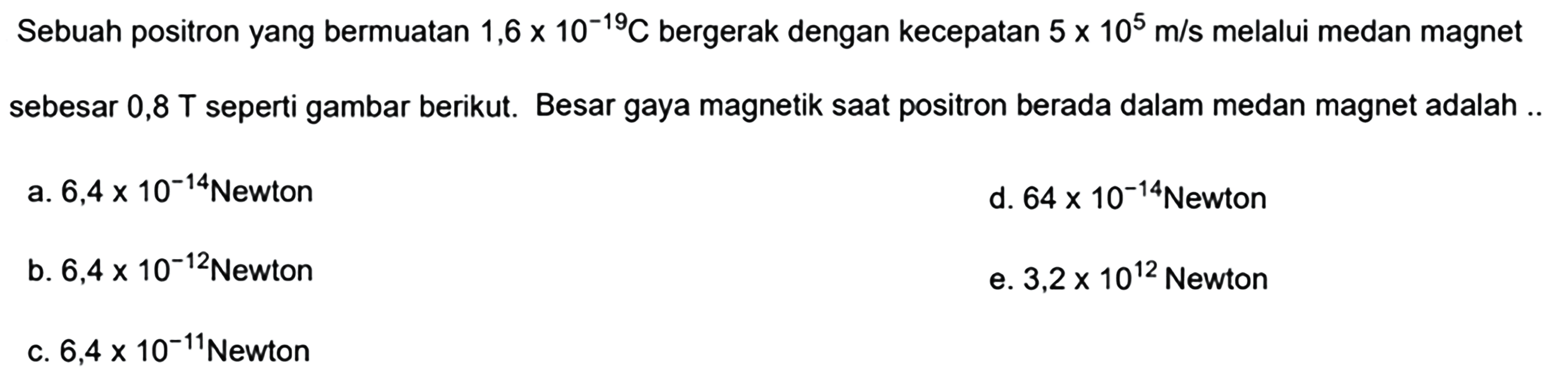 Sebuah positron yang bermuatan  1,6 x 10^(-19) C  bergerak dengan kecepatan  5 x 10^5 m/s  melalui medan magnet sebesar  0,8 T  seperti gambar berikut. Besar gaya magnetik saat positron berada dalam medan magnet adalah...