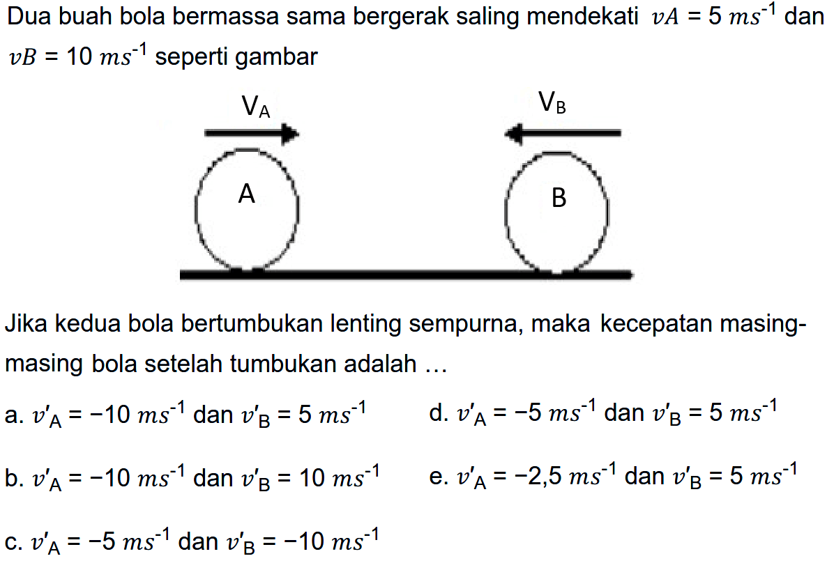 Dua buah bola bermassa sama bergerak saling mendekati  v A=5 ~ms^(-1)  dan  v B=10 ~ms^(-1)  seperti gambar

Jika kedua bola bertumbukan lenting sempurna, maka kecepatan masingmasing bola setelah tumbukan adalah ...
a.  v_(A)'=-10 ~ms^(-1)  dan  v_(B)'=5 ~ms^(-1) 
d.  v_(A)'=-5 m ~s^(-1)  dan  v_(B)'=5 ~ms^(-1) 
b.  v_(A)'=-10 ~ms^(-1)  dan  v_(B)'=10 ~ms^(-1) 
c.  v_(A)'=-5 m ~s^(-1)  dan  v_(B)'=-10 m ~ms^(-1) 