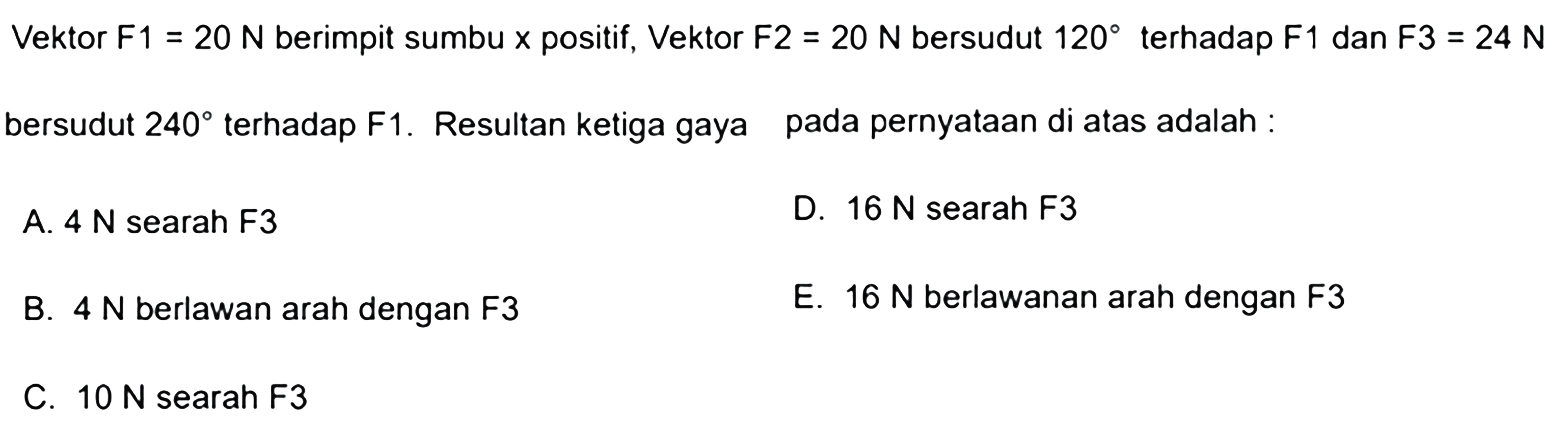 Vektor  F1=20 N  berimpit sumbu  x  positif, Vektor  F2=20 N  bersudut  120  terhadap  F1  dan  F3=24 N  bersudut  240  terhadap  F1 . Resultan ketiga gaya pada pernyataan di atas adalah:A.  4 N  searah  F3 D.  16 N  searah  F3 B.  4 N  berlawan arah dengan  F3 E.  16 N  berlawanan arah dengan  F3 C.  10 N  searah  F3 