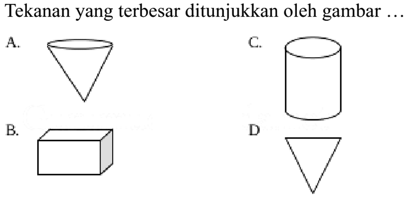 Tekanan yang terbesar ditunjukkan oleh gambar ...
A. C. B. D. 